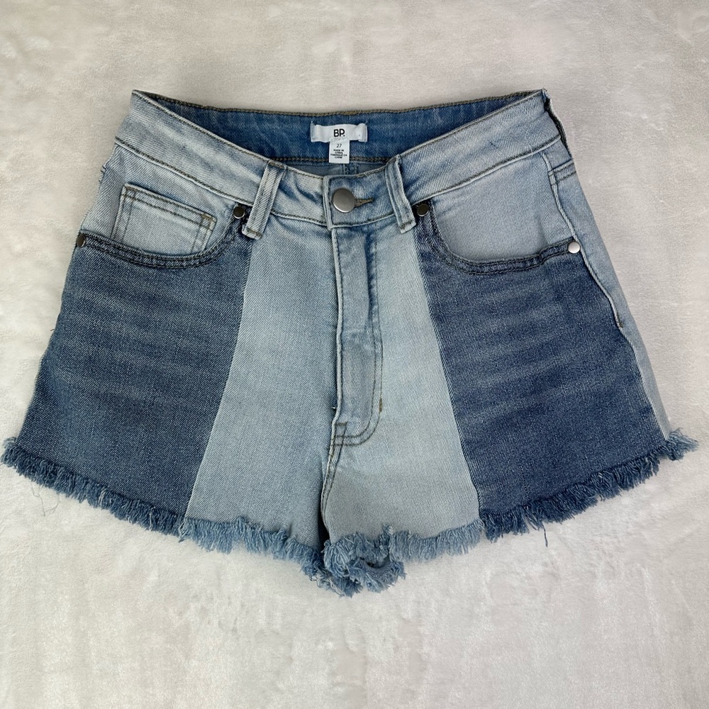 BP BLUE DENIM CUT OFF COLORBLOCK SHORTS